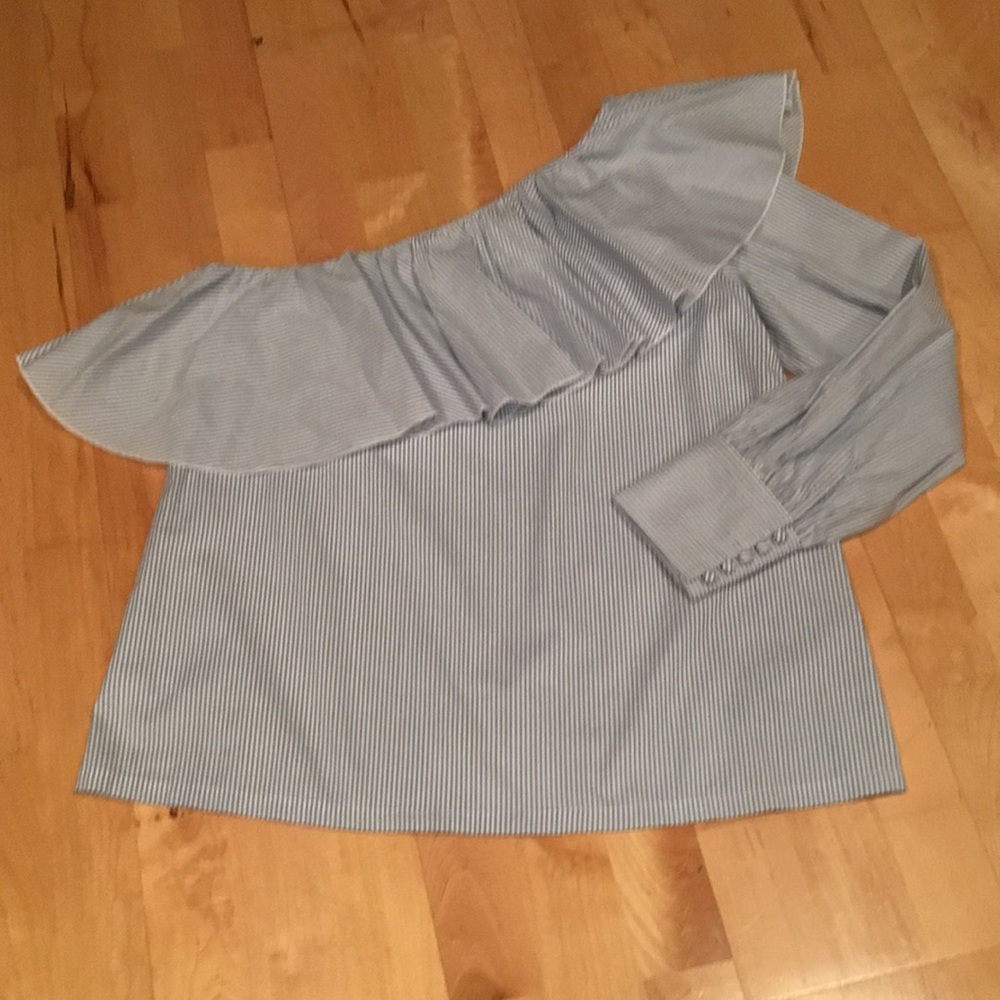 Blue and White Stripe One Shoulder Cotton Blouse